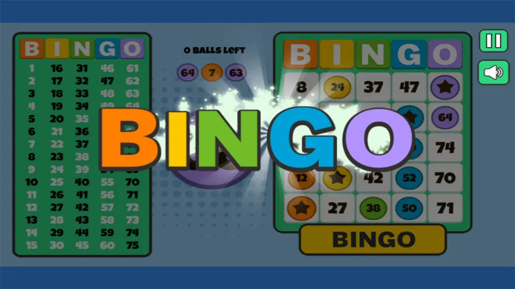 Winning screen from Bingo Solo with the word ‘BINGO’ in colorful letters over two bingo cards and the last drawn numbers.