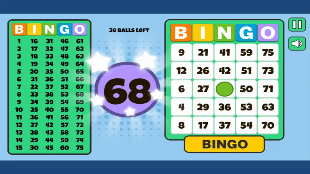 Ongoing game of Bingo Solo showing two bingo cards, drawn number 68 highlighted at the center, and 38 balls left.