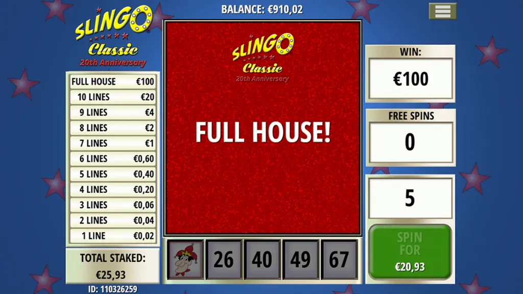 Slingo - Game screenshot with big win announcement.