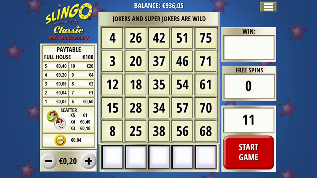 Slingo - Game interface with paytable and grid.