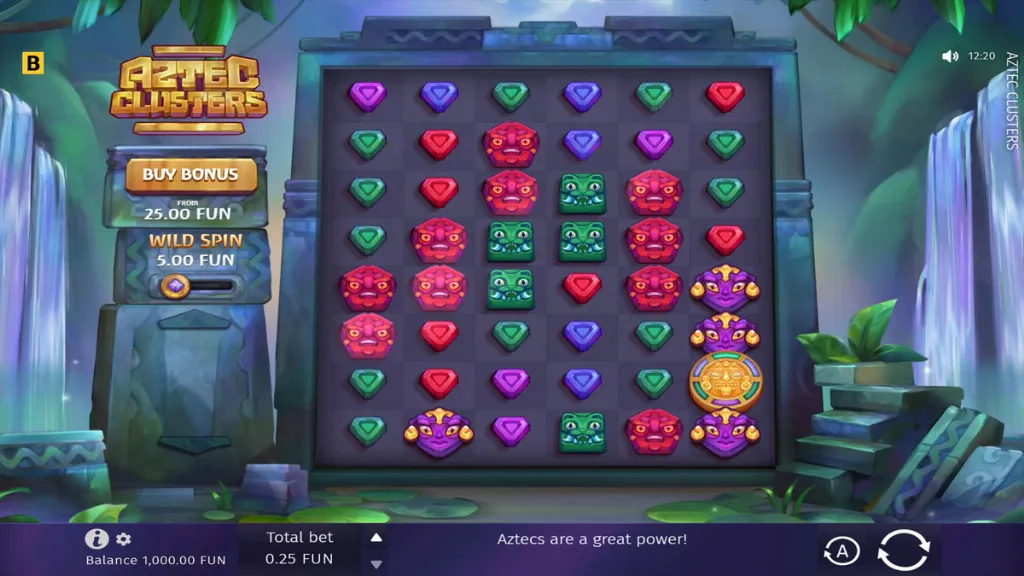 Aztec Clusters online slot base game with Aztec mask and jewel symbols on cascading reels in jungle temple setting.