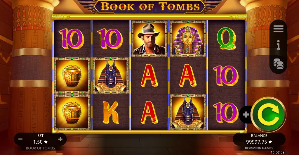 Reels of the Book of Tombs slot game showing Egyptian-themed symbols like pharaohs, canopic jars, and Anubis with ancient temple background.