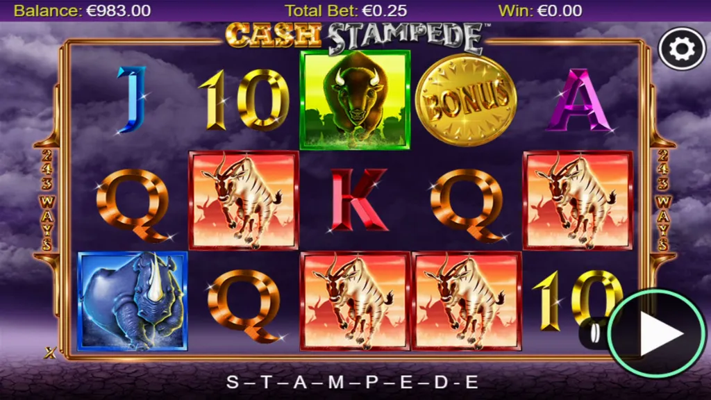 Cash Stampede slot base game with animal icons such as rhino, antelope, elephant, and buffalo on a stormy purple reel background.