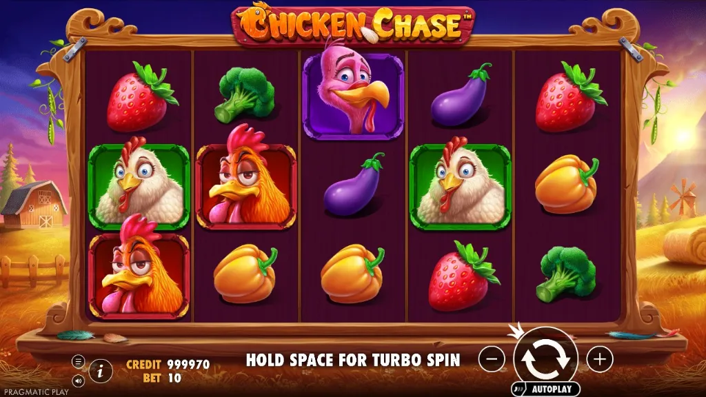 Chicken Chase slot game screen featuring colorful chicken characters, fruits, and vegetables on a farm-themed background.