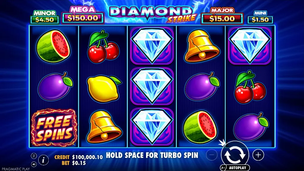 Diamond Strike slot reels with sparkling diamond symbols, classic fruits, bells, and bright neon lightning backdrop.
