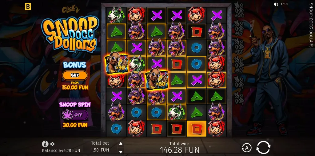 Snoop Dogg Dollars slot game screen with colorful dog icons, Snoop Dogg character symbols, and a graffiti-themed background.