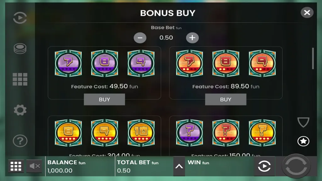 Big Bamboo slot bonus buy feature screen showing different bet options and feature costs.