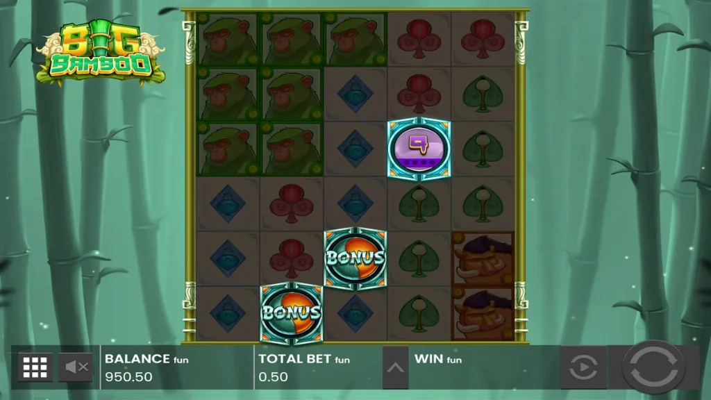 Big Bamboo slot reels with visible bonus symbols triggering the free spins feature.
