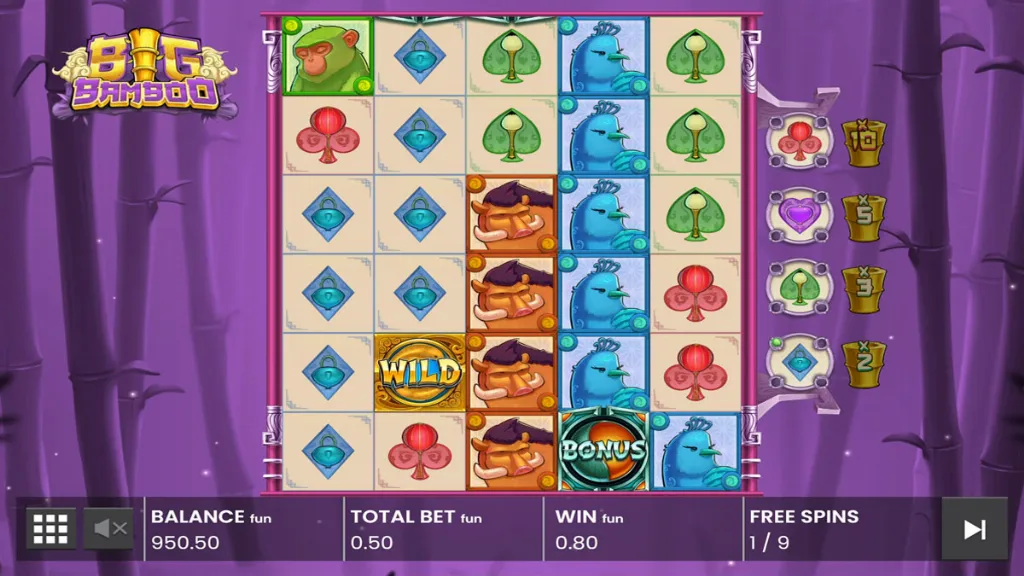 Big Bamboo slot bonus round in progress with free spins and colorful animal symbols.
