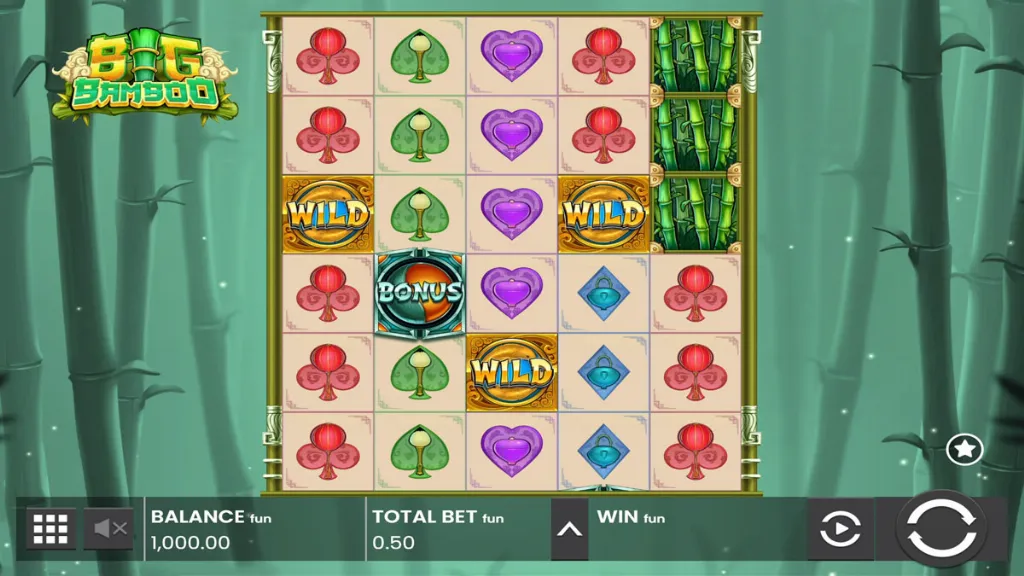 Big Bamboo slot base game reels with wild symbols and vibrant bamboo-themed design.