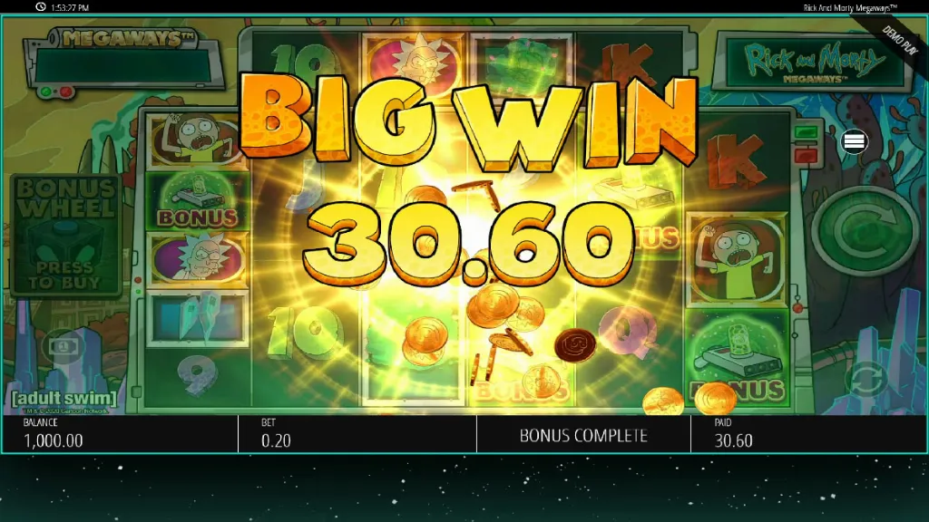 Rick and Morty Megaways slot big win celebration on screen