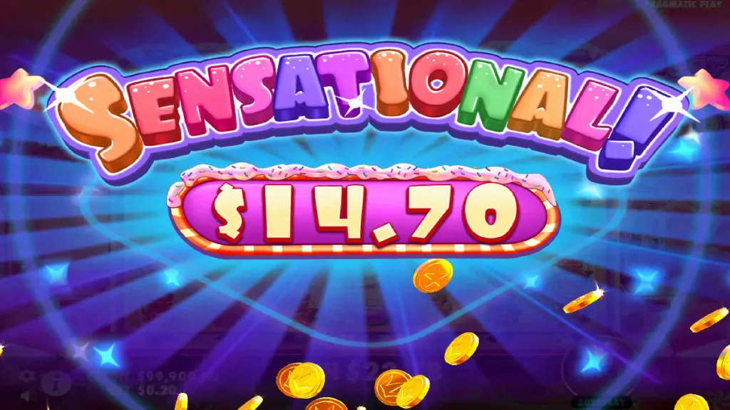 Sugar Rush 1000 slot big win celebration with “Sensational” payout message and flying gold coins.