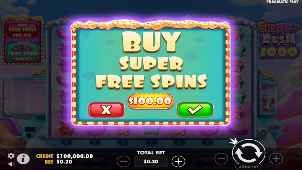 Sugar Rush 1000 slot buy feature screen offering super free spins option for $100.