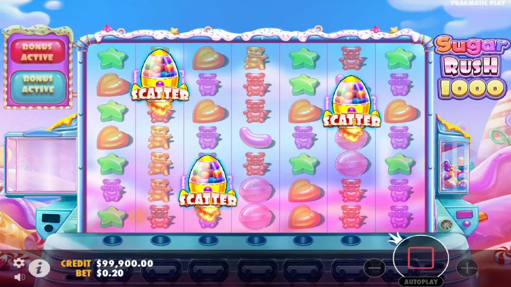 Sugar Rush 1000 slot bonus trigger with multiple gumball scatter symbols activating free spins.