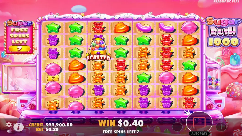Sugar Rush 1000 free spins round with colorful gummy bears, candy shapes, and multiplier icons.