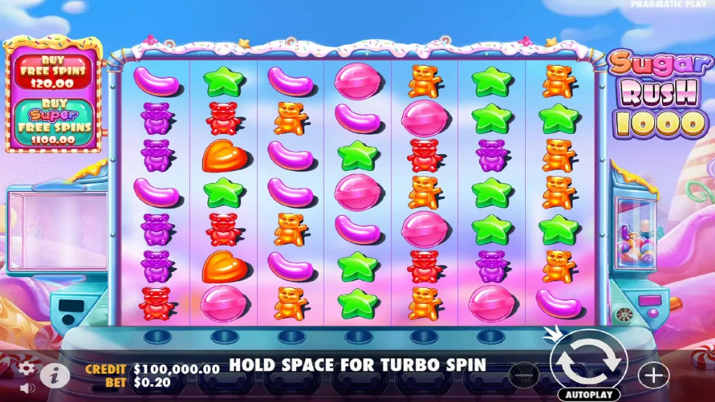 Sugar Rush 1000 base game reels filled with candy symbols, gummy bears, and sweets on a pastel background.