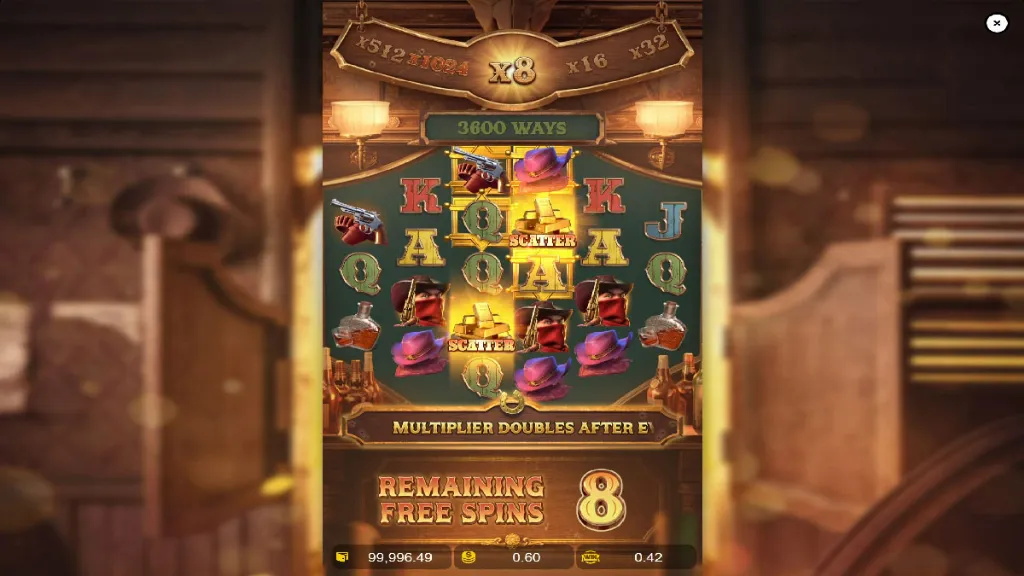 Wild Bounty Showdown slot during free spins with scatter symbols and an active x8 multiplier.