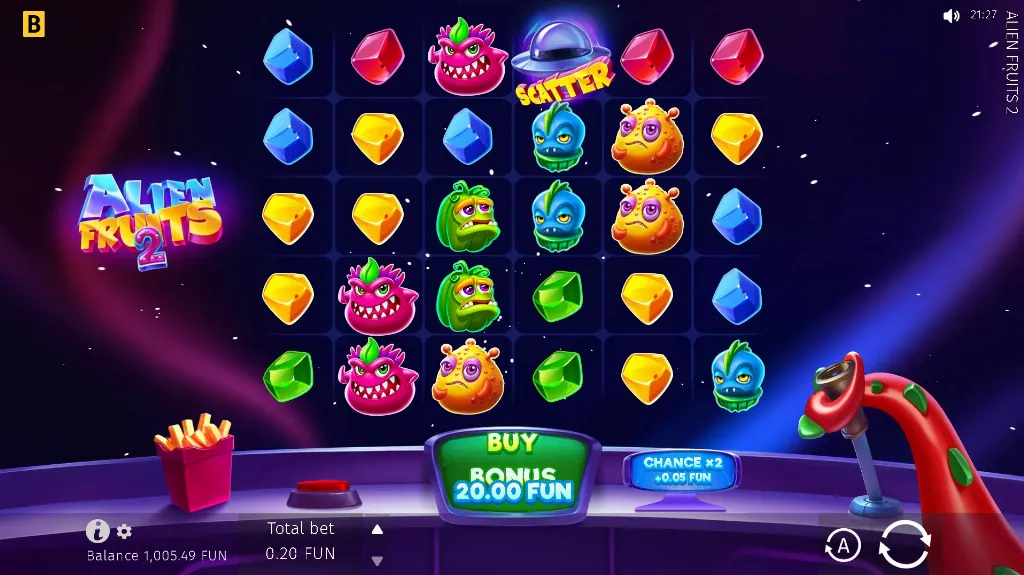 Gameplay screen from BGaming’s Alien Fruits 2 featuring colorful alien fruit characters and a scatter UFO bonus symbol.