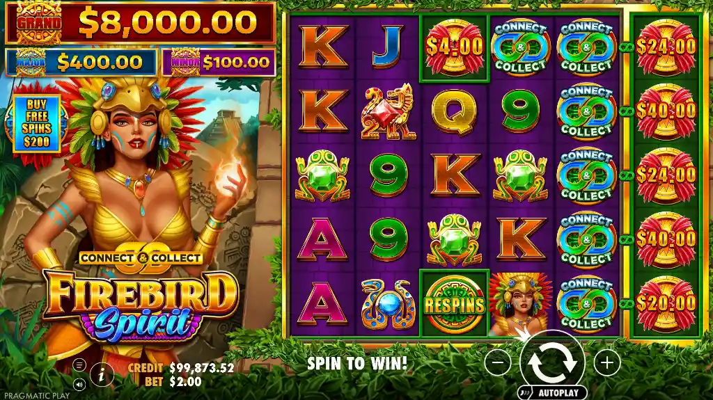 Firebird Spirit slot features an Aztec goddess beside glowing reels filled with jewel and animal symbols, highlighting the Connect & Collect jackpot mechanic.