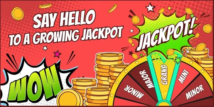 Comic-style banner from Hello Millions promoting a growing jackpot with bright gold coins and a colorful prize wheel.