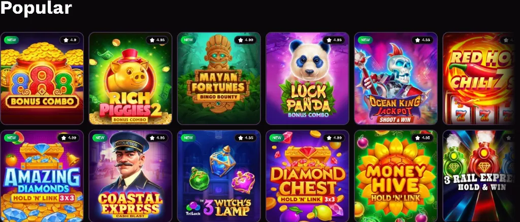 Colorful grid of featured titles on Jackpot Rabbit popular games page showcasing trending online slot thumbnails like Rich Piggies 2 and Ocean King Jackpot.