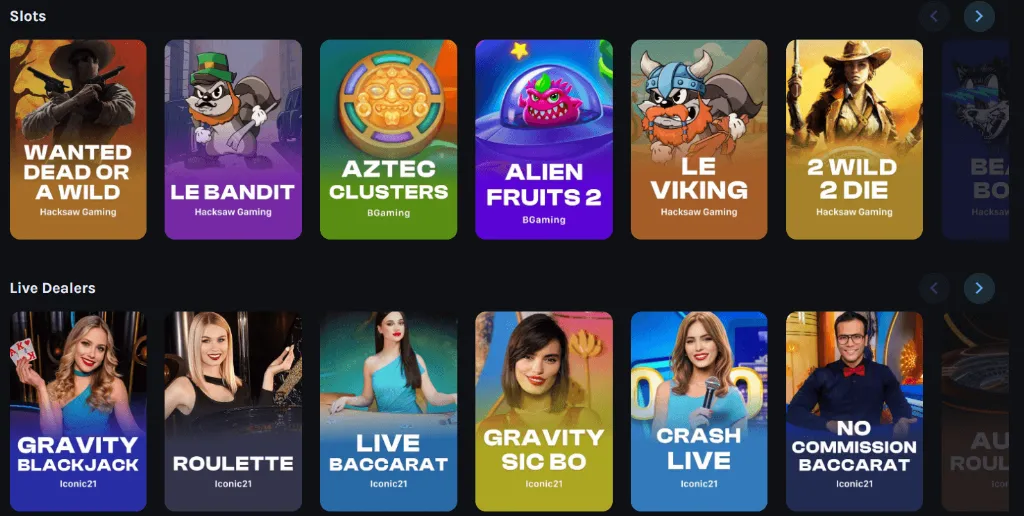 Grid of Spin Quest Casino’s featured slots and live dealer titles including Alien Fruits 2, Le Viking, Gravity Blackjack, and Live Baccarat.