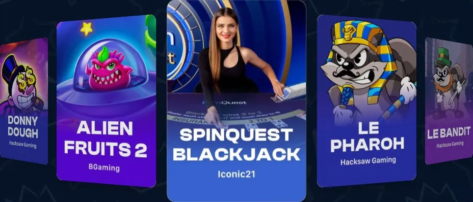 Preview lineup from SpinQuest Casino showcasing titles like Donny Dough, Alien Fruits 2, SpinQuest Blackjack, Le Pharoah, and Le Bandit.
