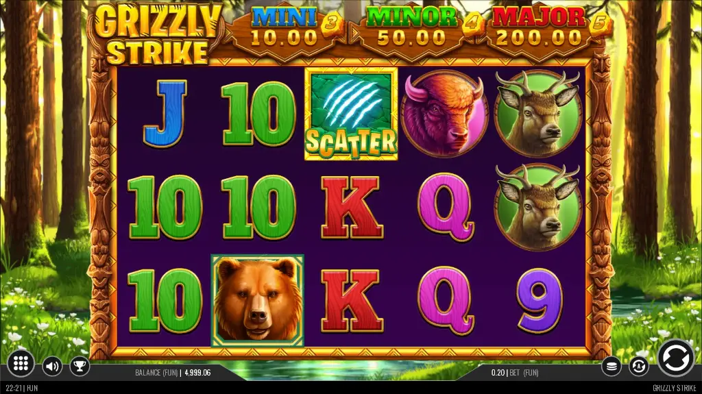 The Grizzly Strike slot features forest animal symbols and a glowing claw-mark scatter icon across bright green and purple reels.