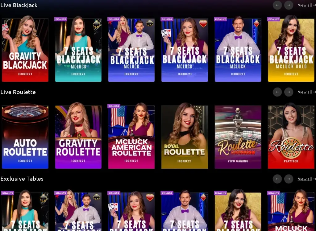 McLuck live casino lobby showcases a lineup of blackjack and roulette tables featuring professional dealers across vibrant promotional cards.