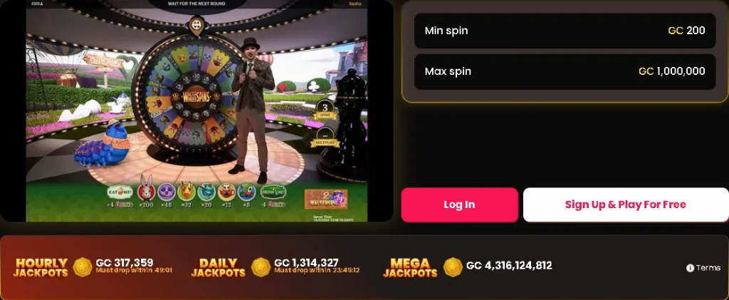 A live dealer stands beside a large colorful spinning wheel in Mega Bonanza Adventures Beyond Wonderland, with on-screen bet options and jackpot meters displayed below.