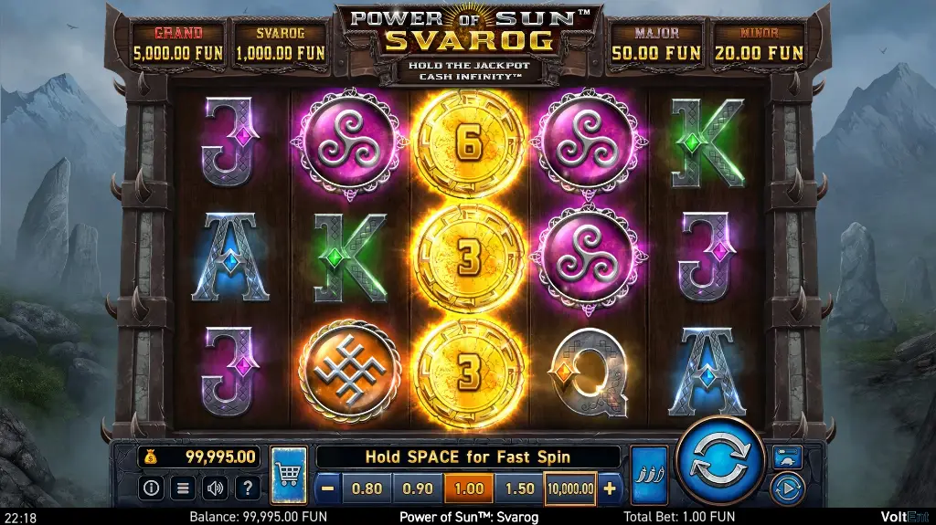 The Power of Sun Svarog slot screen shows glowing coin symbols and rune-themed letters during a hold-and-win feature with jackpot values listed at the top.