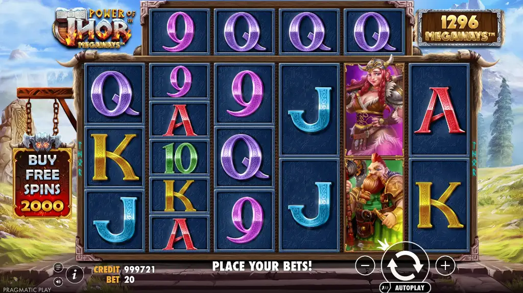 The Power of Thor Megaways slot displays Norse-inspired reels with bold character symbols and cascading wins against a mountainous backdrop.
