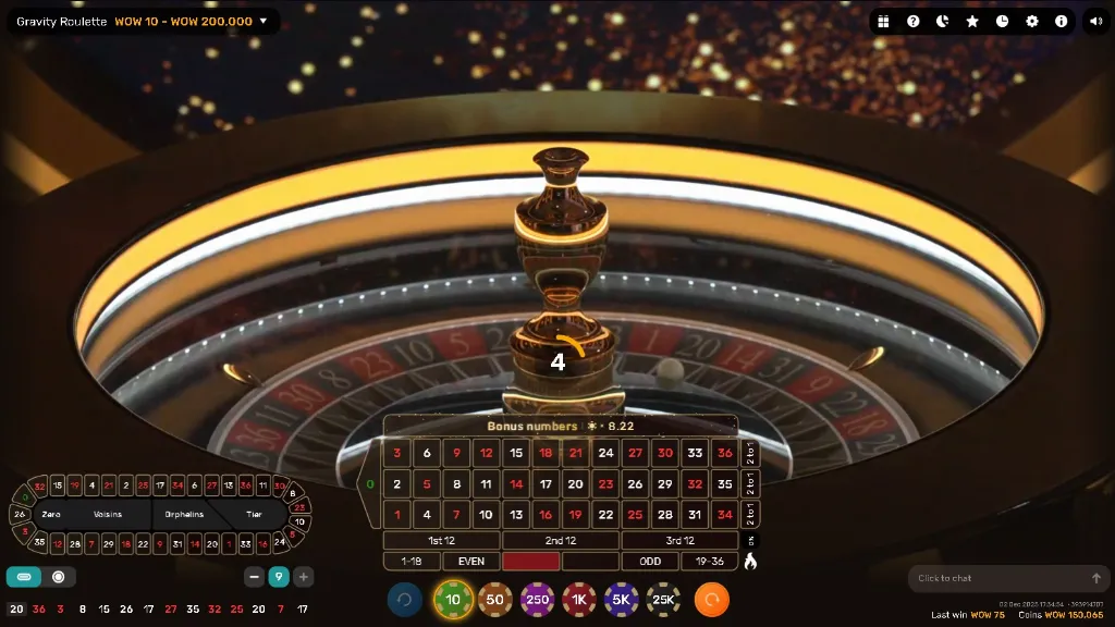 The Gravity Roulette game screen shows the live roulette wheel, betting grid, and highlighted bonus numbers featured in Gravity Roulette.
