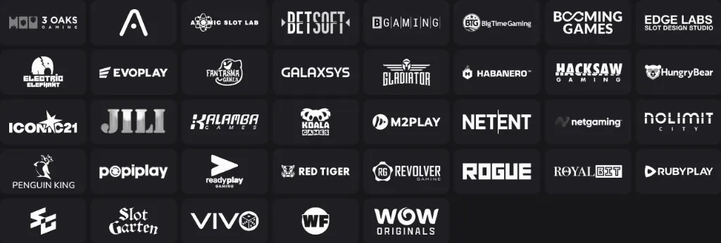 The Wow Vegas Gaming Providers graphic showcases the full lineup of partnered studios delivering slots, live games, and exclusives on the Wow Vegas platform.